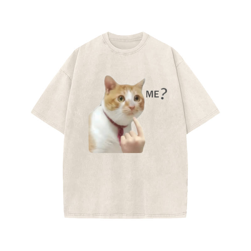 Unisex Puzzled Cat Print Acid Washed T-shirt