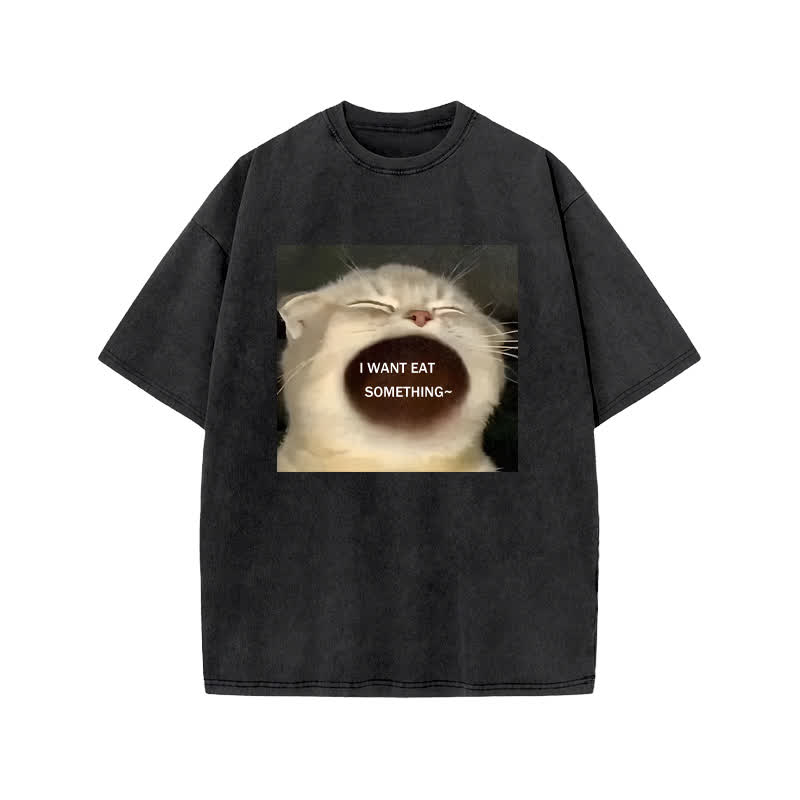 Unisex Greedy Cat Print Acid Washed T-shirt