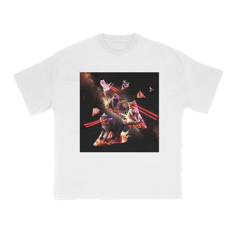 Unisex Cats Driving Pizza Spaceships Print T-shirt