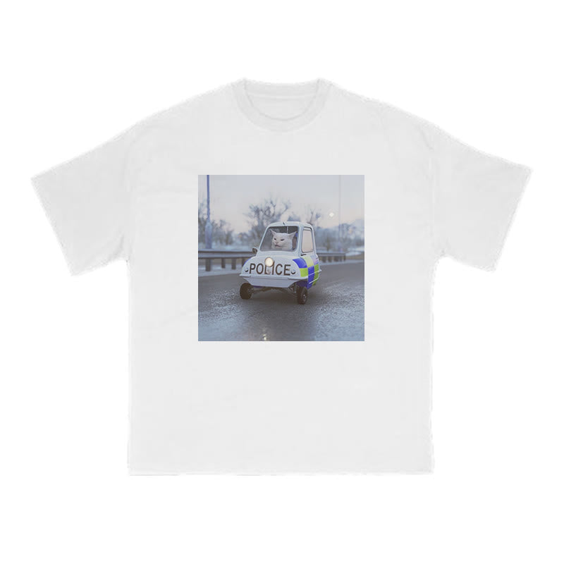 Unisex Cat Driving A Police Car Print T-shirt