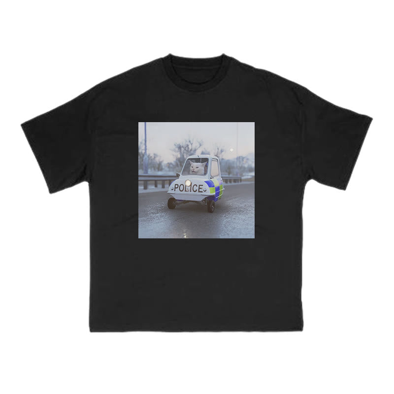 Unisex Cat Driving A Police Car Print T-shirt