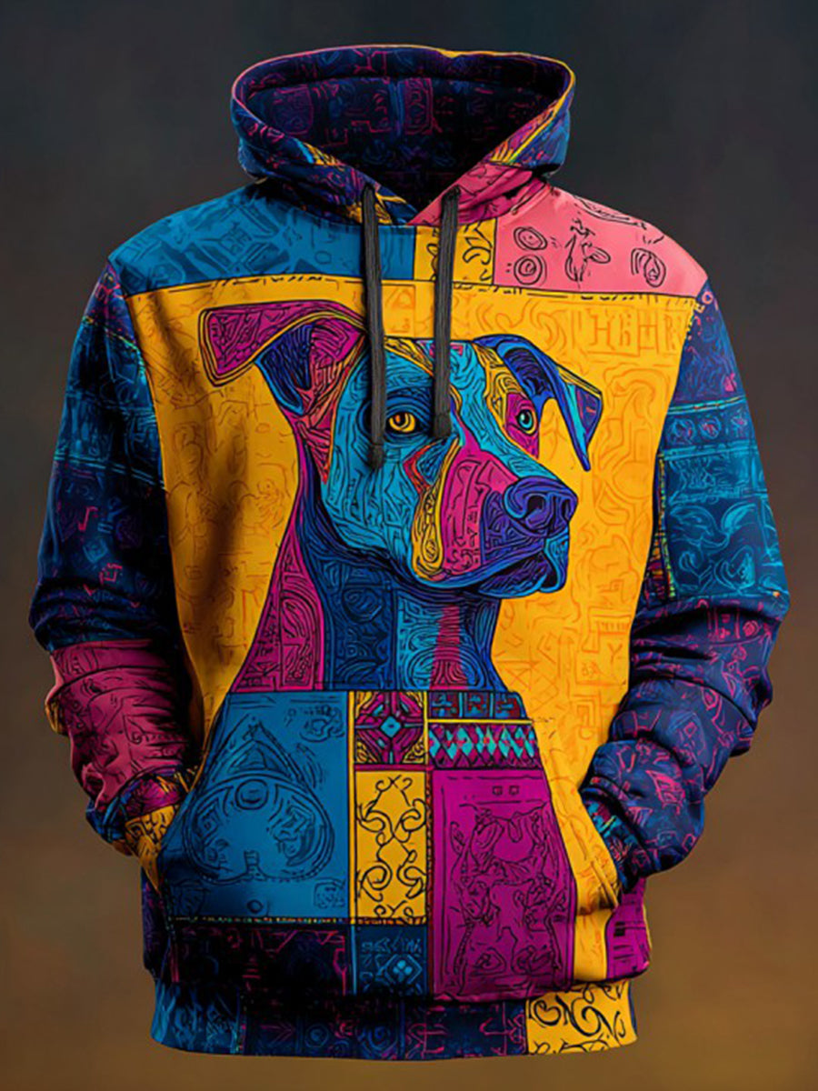 Vintage Patchwork Dog Print Art Casual Hoodie