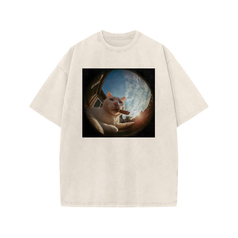 Unisex 100% Cotton Cat In Camera Print Acid Washed T-shirt