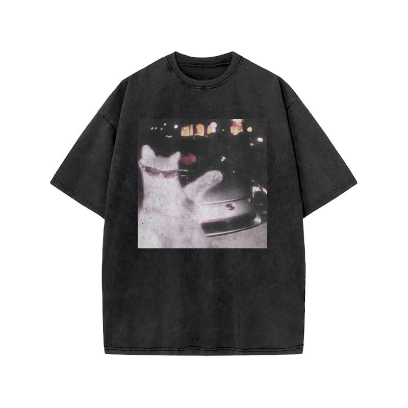 Unisex 100% Cotton Rich Cat Who Loves To Show Off Print Acid Washed T-shirt