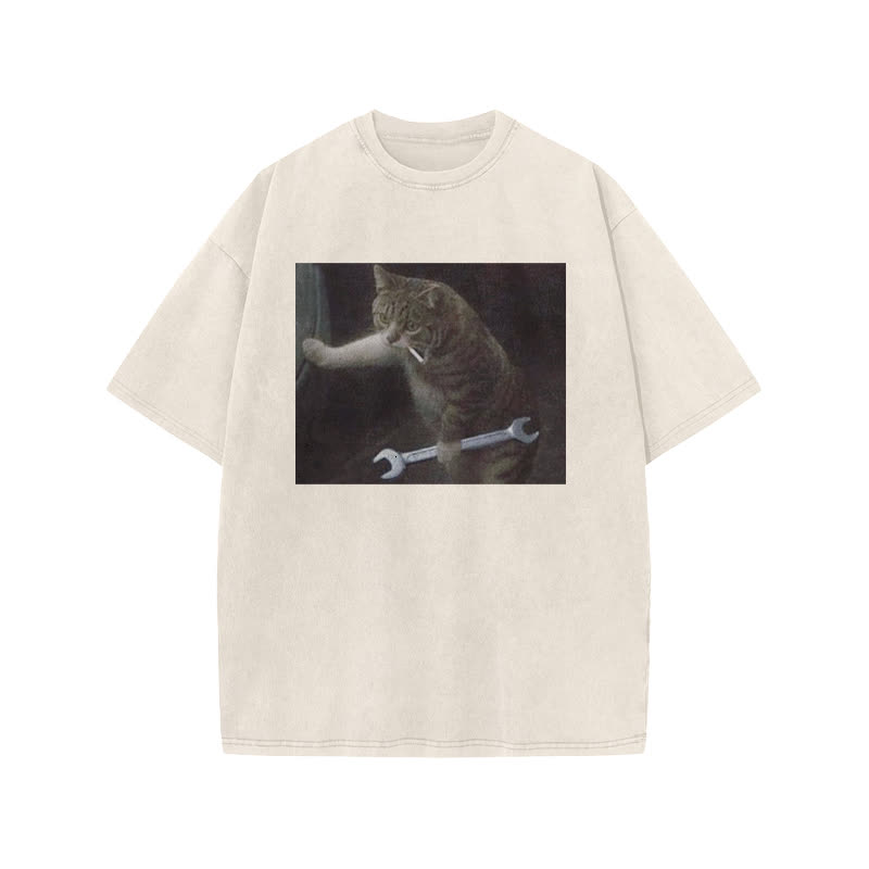 Unisex 100% Cotton Overlord Cat Print Acid Washed T-shirt