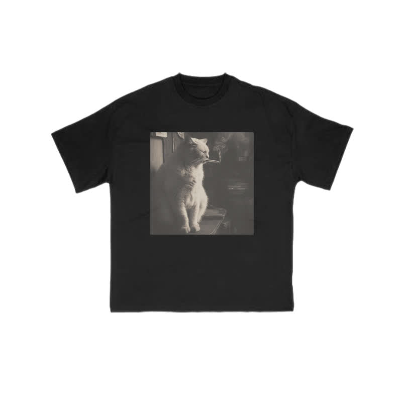 Unisex 100% Melancholic Cat Glasses Print T-shirt