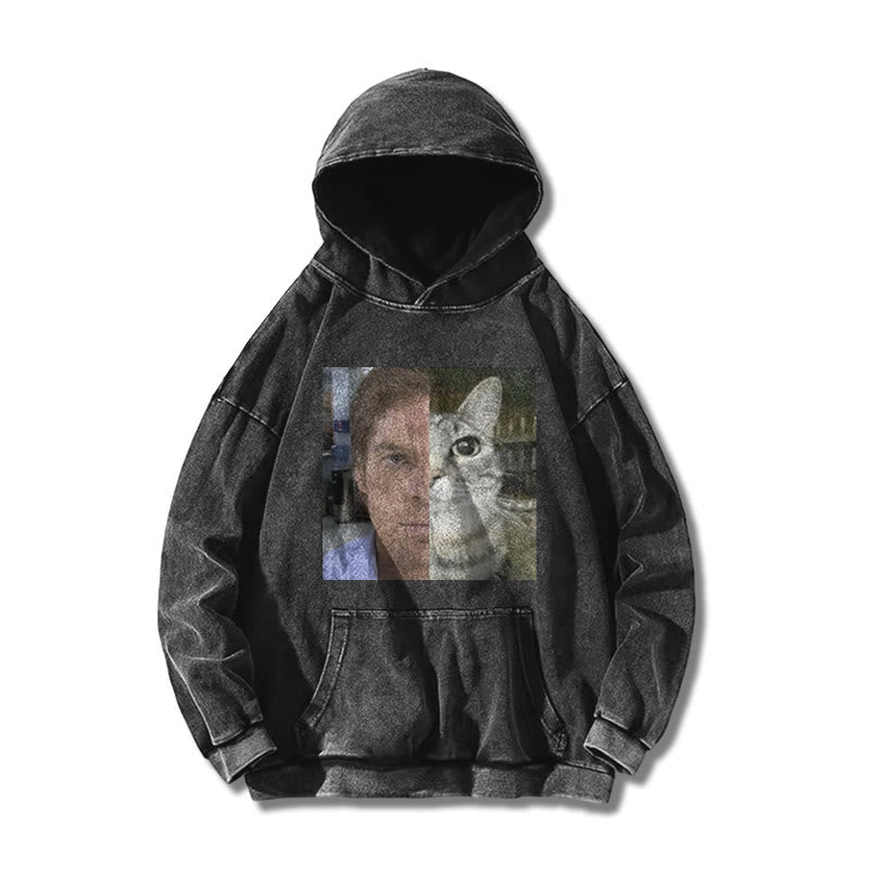 Unisex Patchwork Cat Printed Washed Hoodie