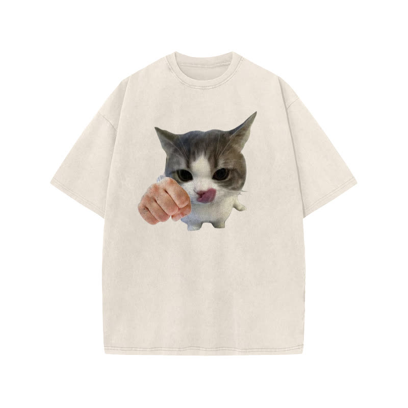 Unisex Kung Fu Cat Print Acid Washed T-shirt