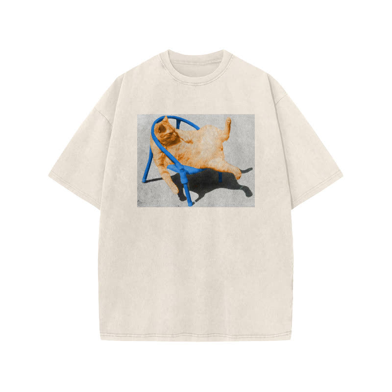 Unisex Cat Lying Flat Print Acid Washed T-shirt