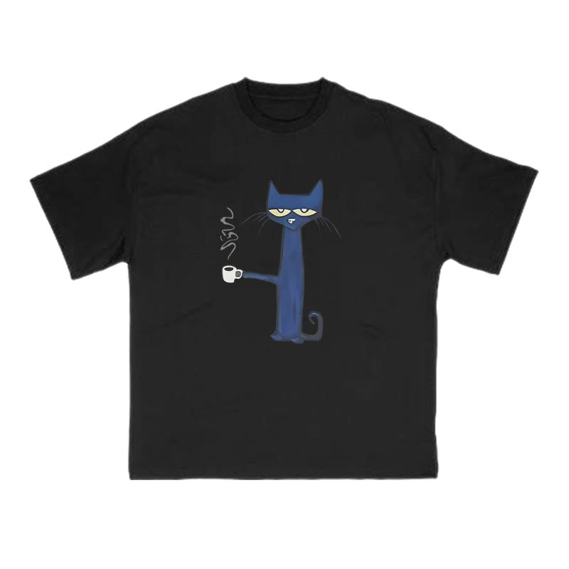 Unisex Cat Drinking Coffee Print T-shirt