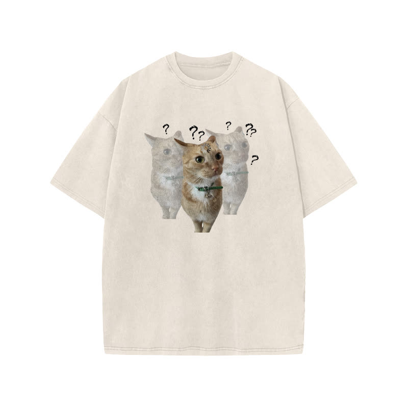 Unisex "Brain Is Loading" Fun Cat Pattern Print Acid Washed T-shirt