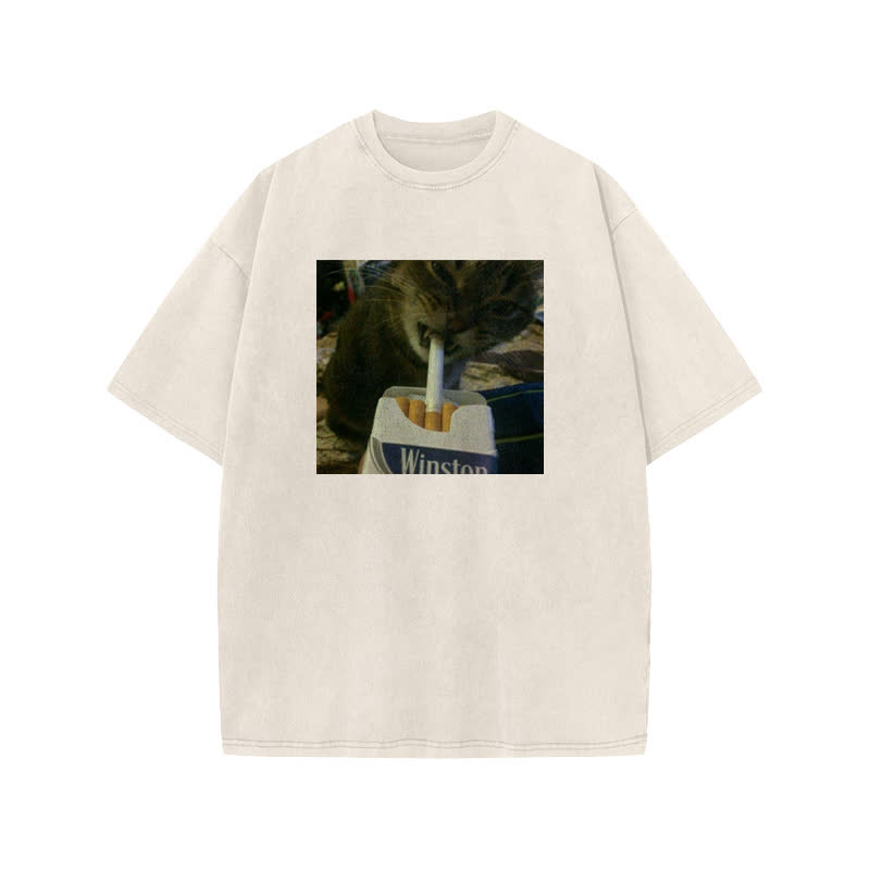 Unisex Do You Want One? Fun Cat Pattern Print Acid Washed T-shirt
