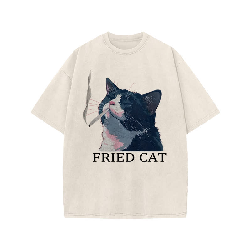 Unisex Fried Cat Print Acid Washed T-shirt