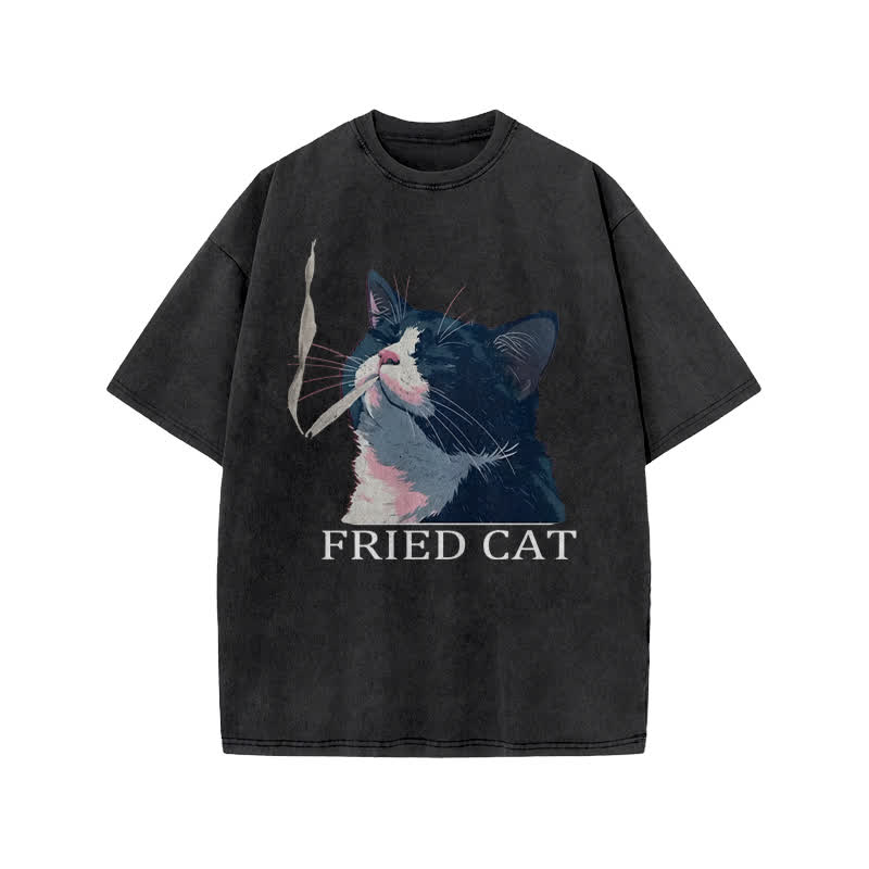 Unisex Fried Cat Print Acid Washed T-shirt