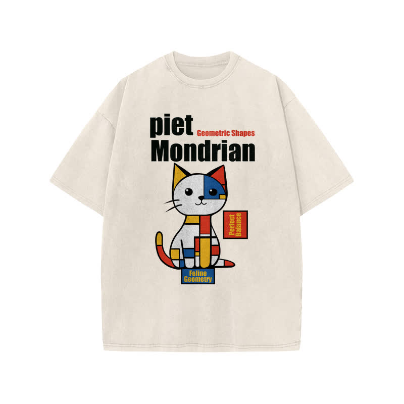 Unisex Geometric Shapes Cat Print Acid Washed T-shirt
