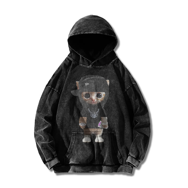 Unisex Street Style Cat Printed Washed Hoodie