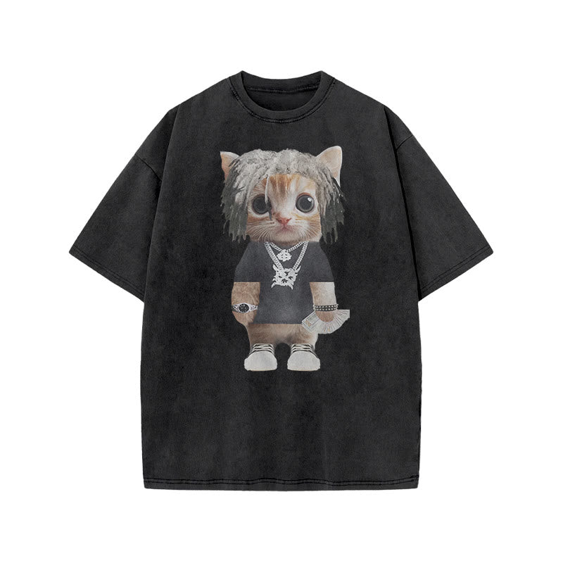 Unisex Street Style Cat Print Acid Washed T-shirt