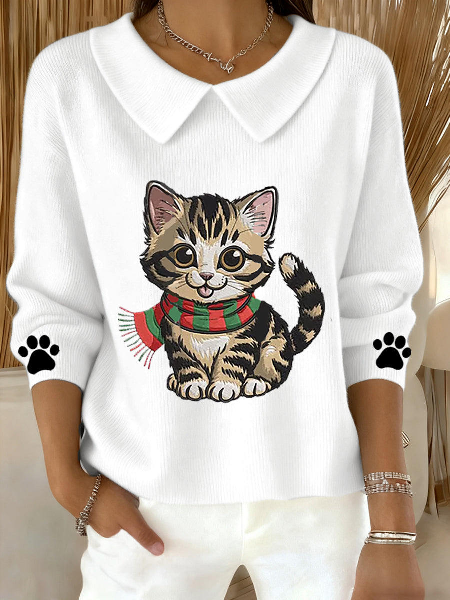 Women's Cute Cat Print Cat Lovers Casual Baby Doll Collar Top