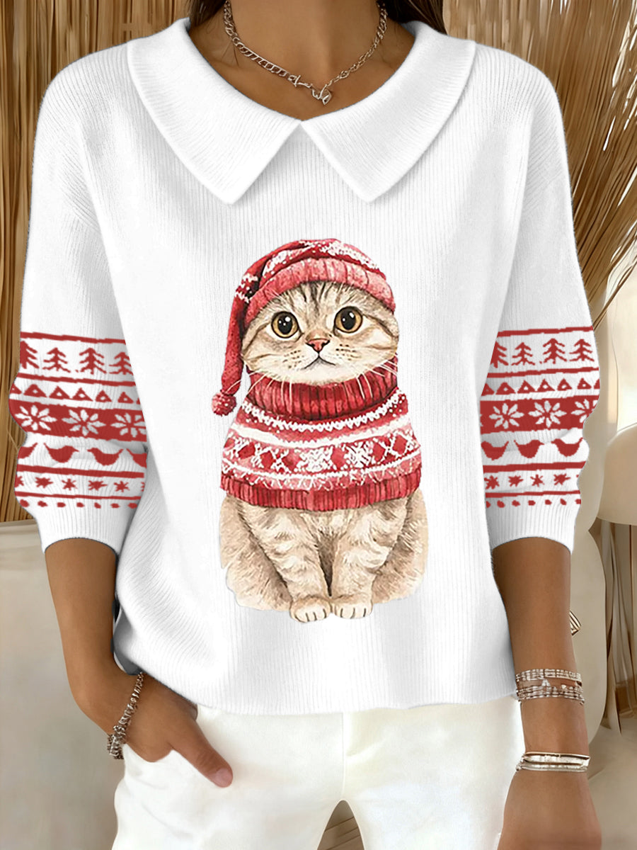 Women's Cute Christmas Cat Print Cat Lovers Casual Baby Doll Collar Top