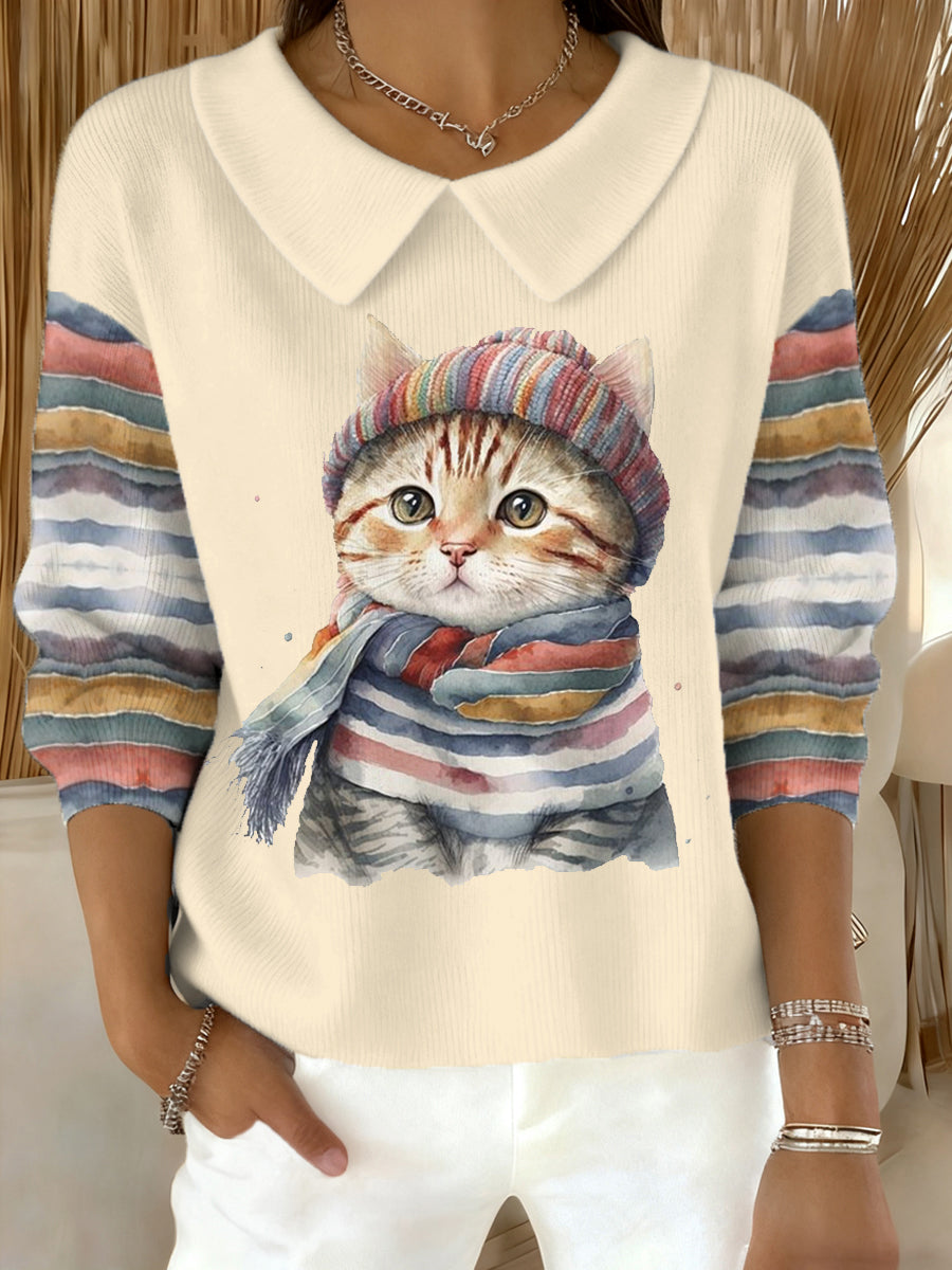 Womenโs Cute Winter Cat Print Cat Lovers Casual Doll Collar Top
