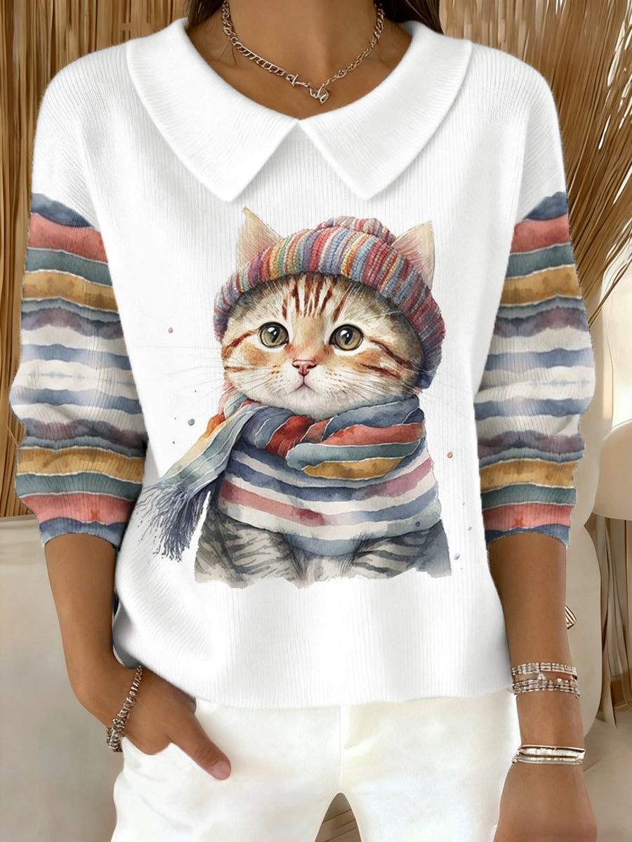 Womenโs Cute Winter Cat Print Cat Lovers Casual Doll Collar Top
