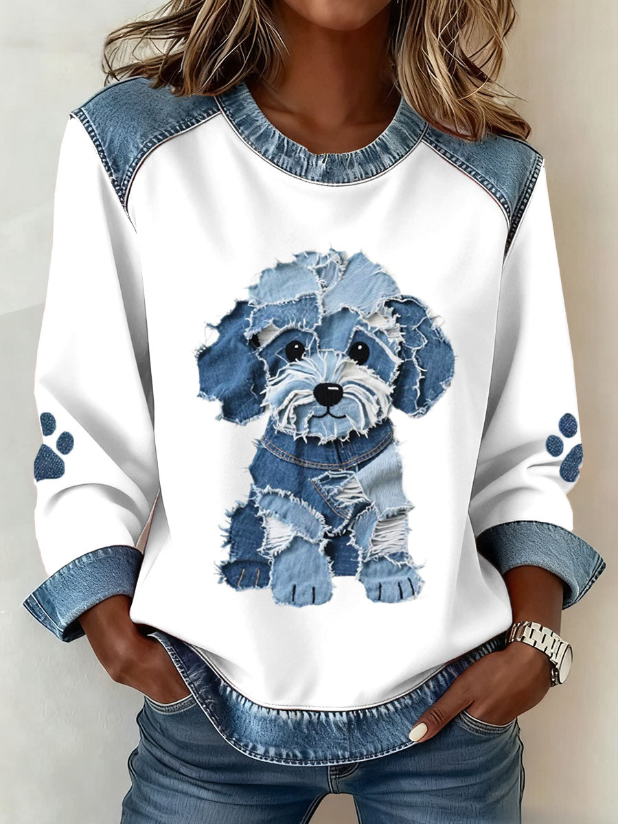 Women's Lovely Furry Dog Pattern Denim Patchwork Art Sweatshirt