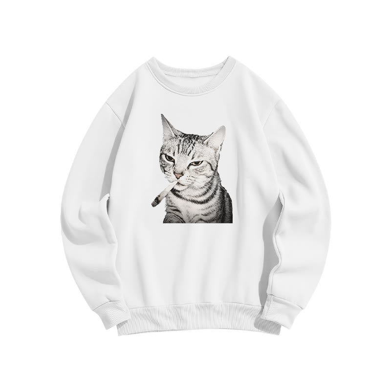 Tabby Cat With A Cigarette In Its Mouth Print Sweatshirt
