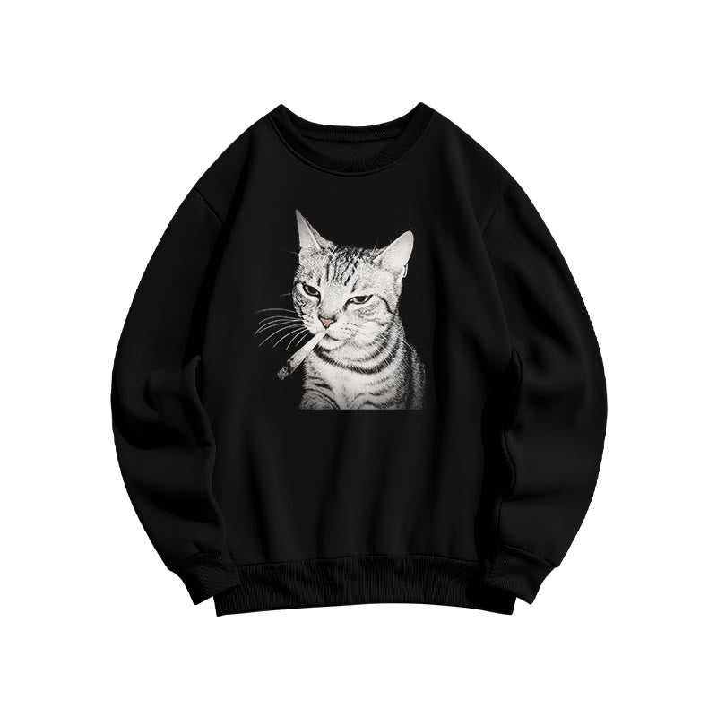 Tabby Cat With A Cigarette In Its Mouth Print Sweatshirt