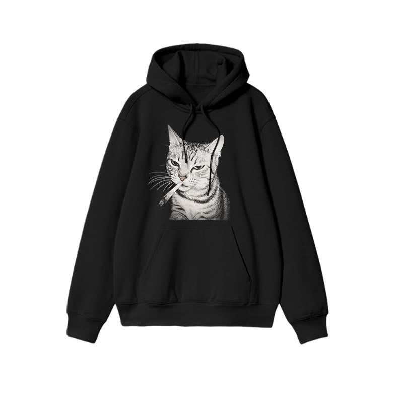 Tabby Cat With A Cigarette In Its Mouth Print Causal Hoodie