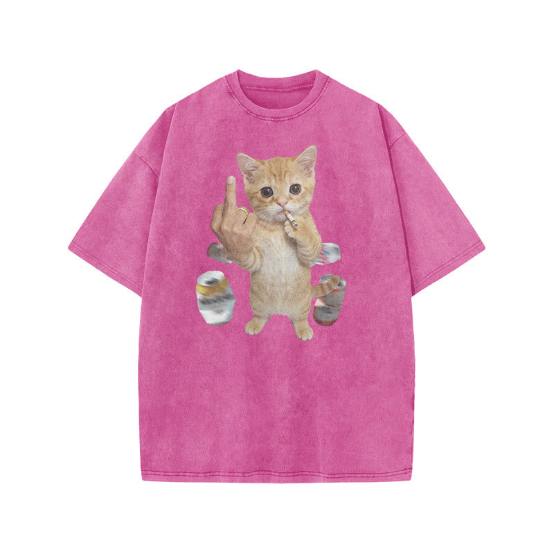 Dope Ass Cat Print Acid Washed T-shirt