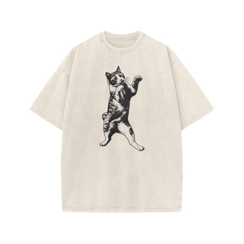 Funny Fighting Cat Print Acid Washed T-shirt