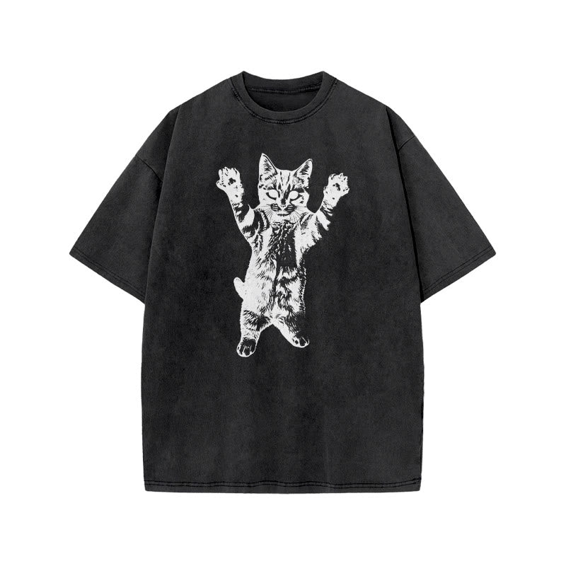 Funny Cat With Its Paws Up Print Acid Washed T-shirt