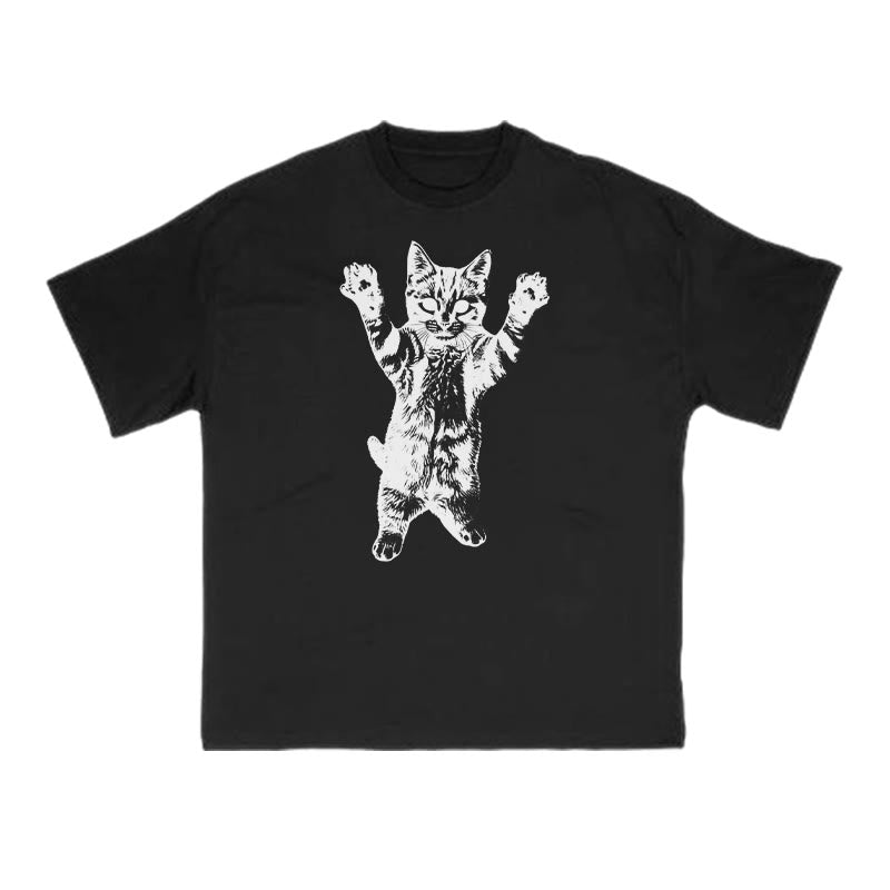 Funny Cat With Its Paws Up Print T-shirt