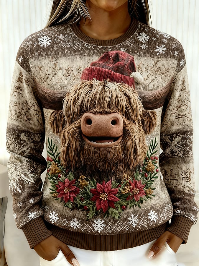 女士聖誕趣味動物高地牛印花衛衣
