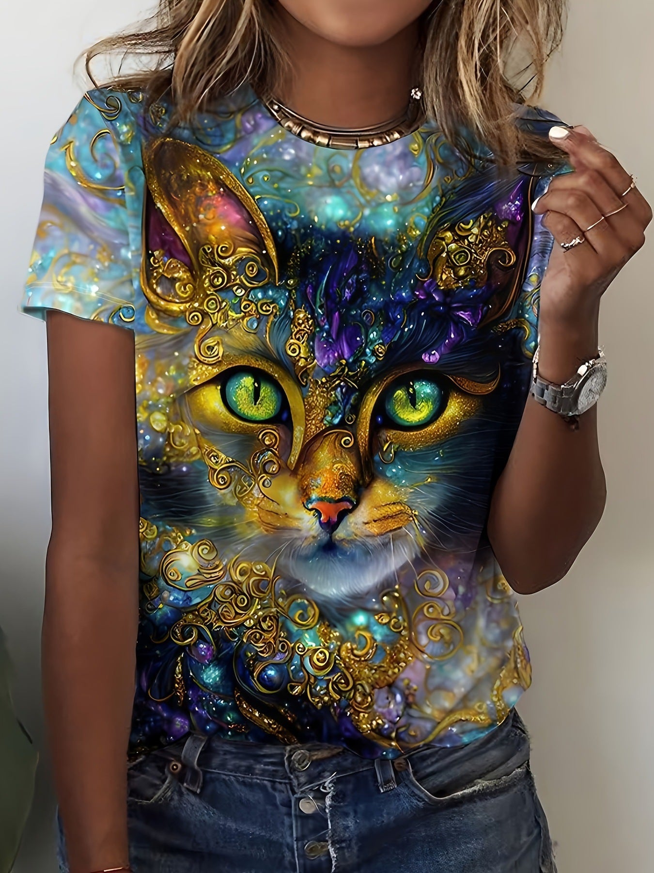Women's 3D Digital Cat Print Short-Sleeved T-Shirt