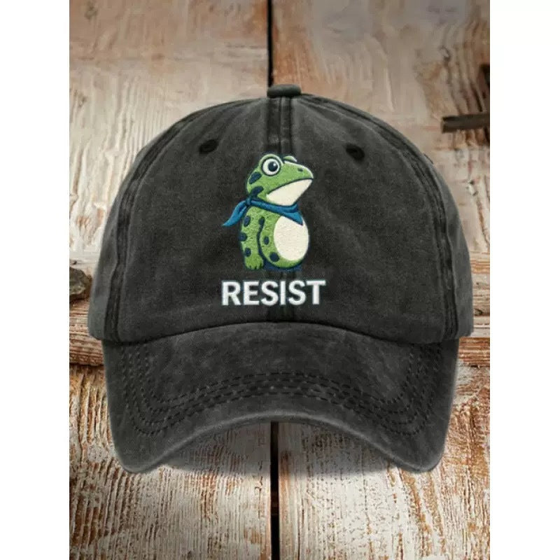 水洗棉棒球帽,青蛙圖案,帽頂柔軟。