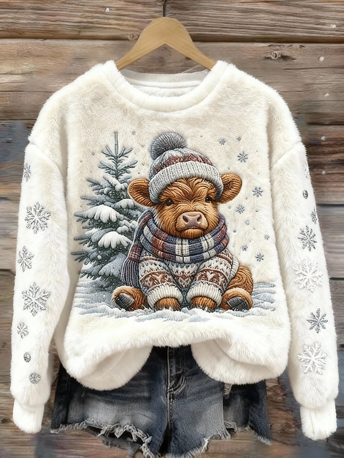 女士高地牛仔印花休閒法蘭絨上衣