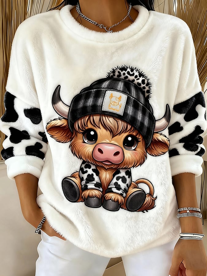 Women's Animal Highland Cow Art Print Crew Neck Top