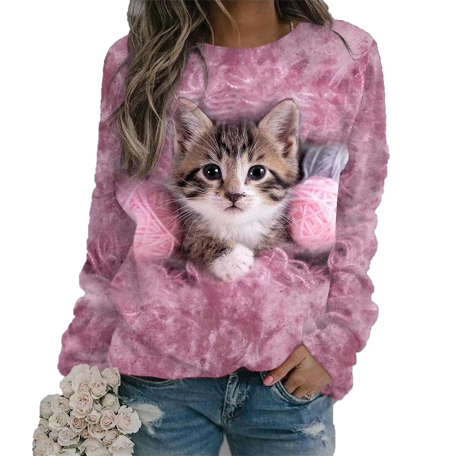 Women's long-sleeved sweatshirt with cat pattern