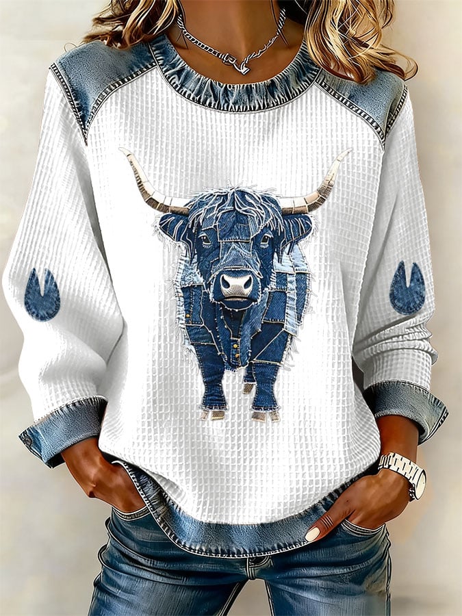 女士高地牛仔印花長袖衛衣