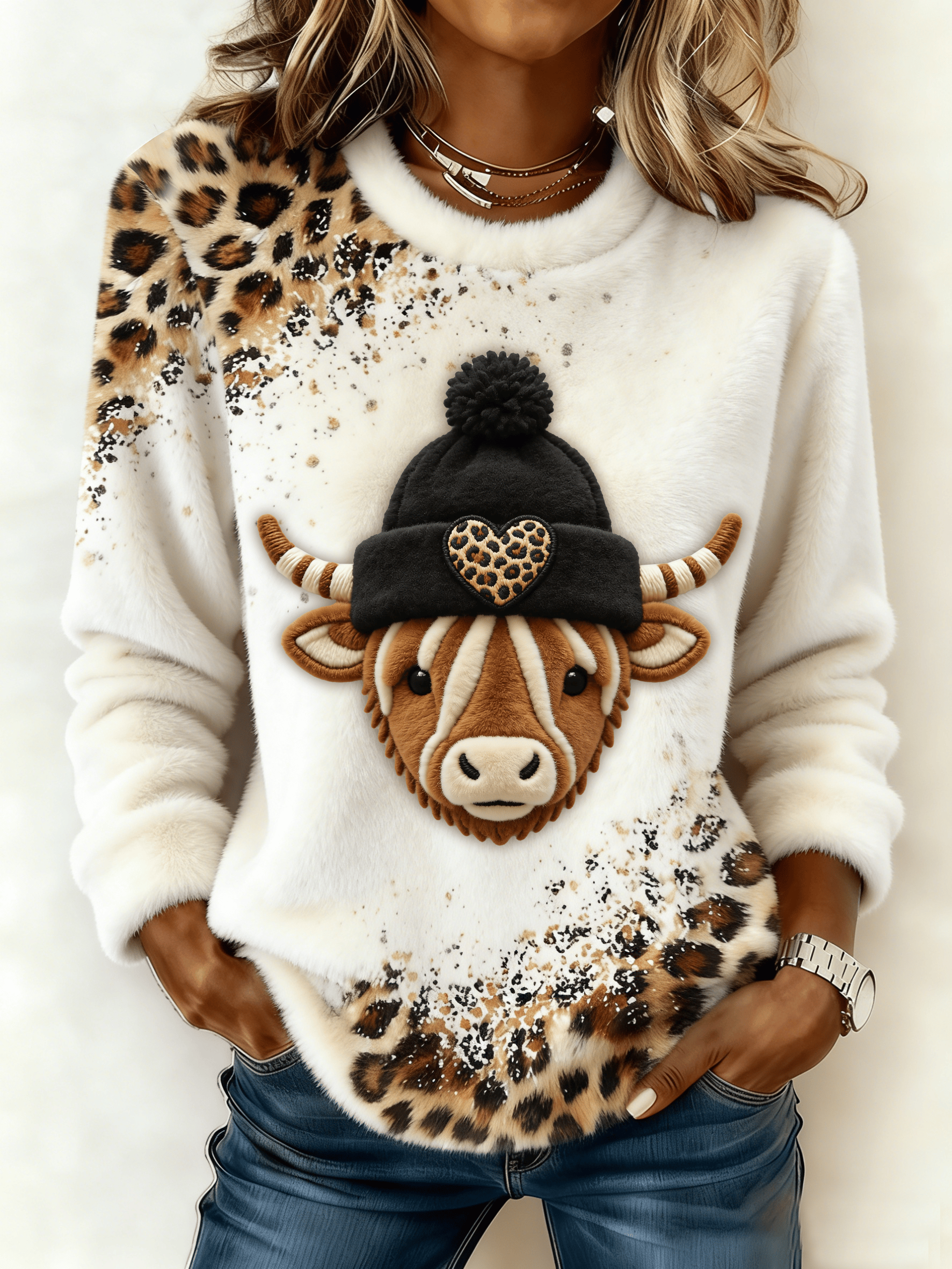 Women's Leopard Print Highland Cow Print Casual Flannel Top