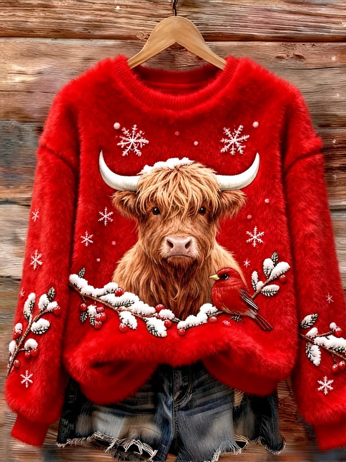 女士聖誕高地牛仔印花衛衣