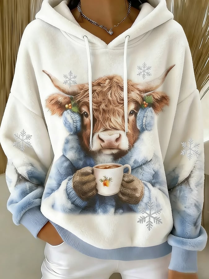 女士高地牛仔印花法蘭絨連帽衛衣