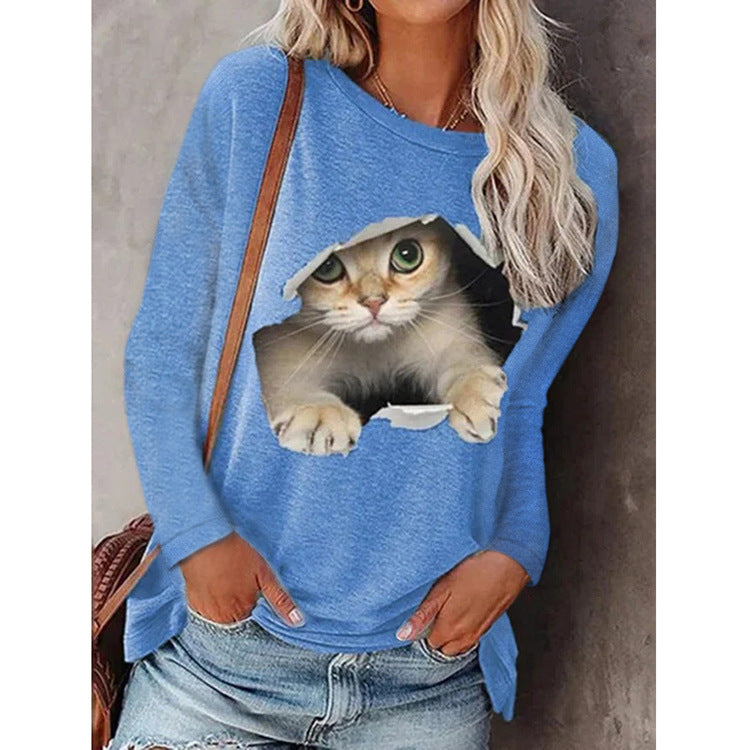 Women's long-sleeved T-shirt with cat pattern