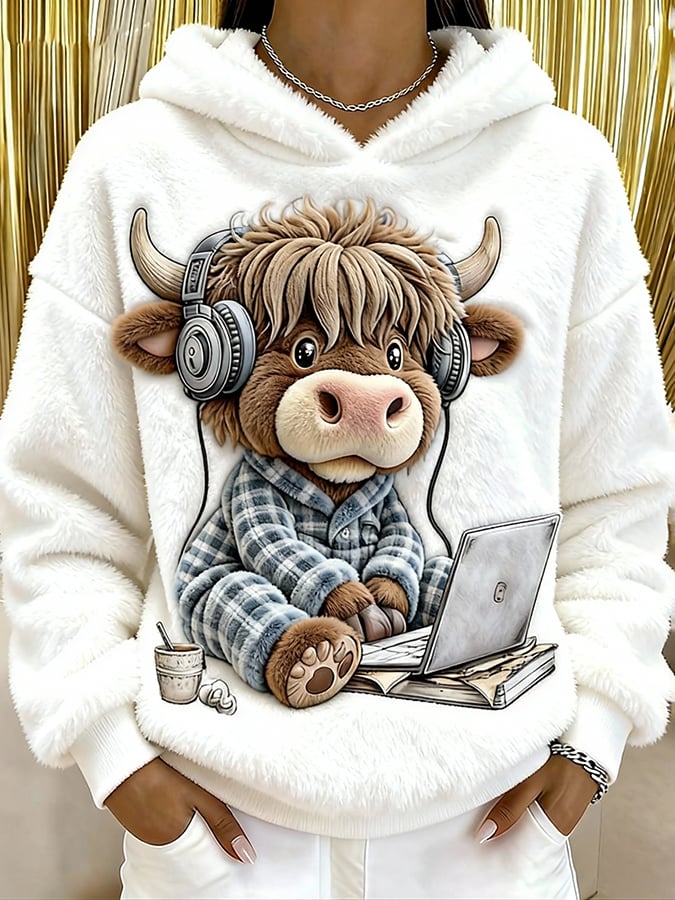 女士高地牛仔法蘭絨印花連帽衫