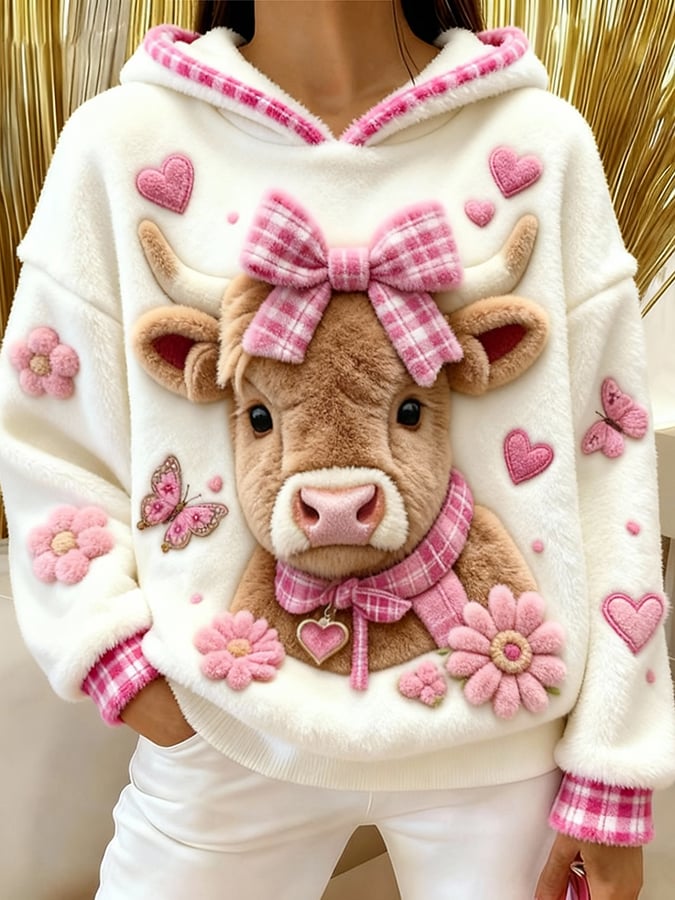 女士高地牛仔印花法蘭絨連帽衫