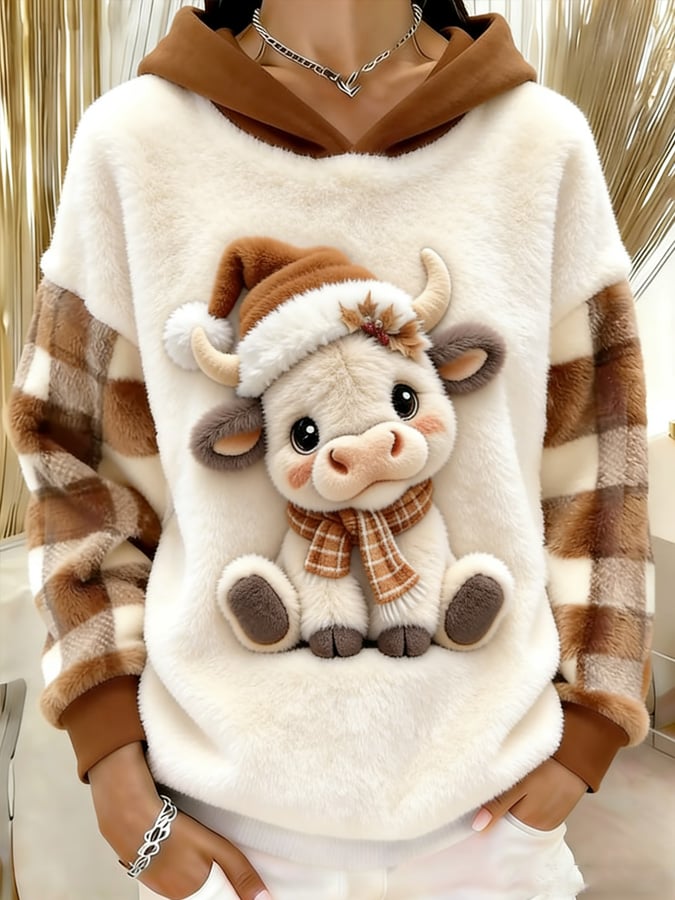 女士高地牛仔印花法蘭絨連帽衛衣