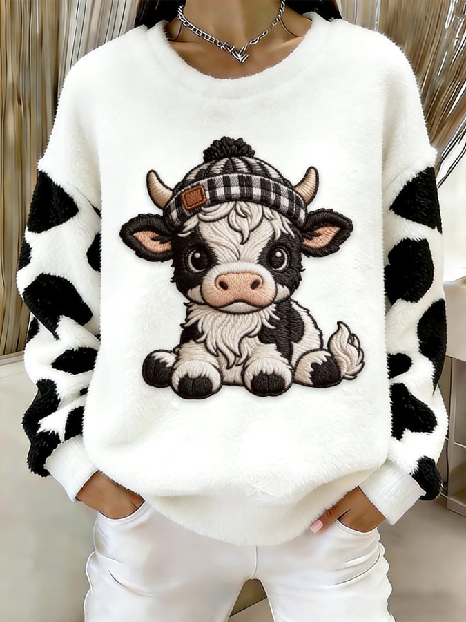 女士聖誕可愛高地乳牛印花休閒法蘭絨上衣