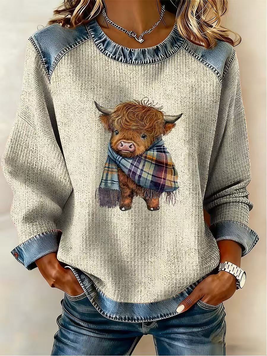 Women's Highland Cow Lover Waffle Knit Sweatshirt