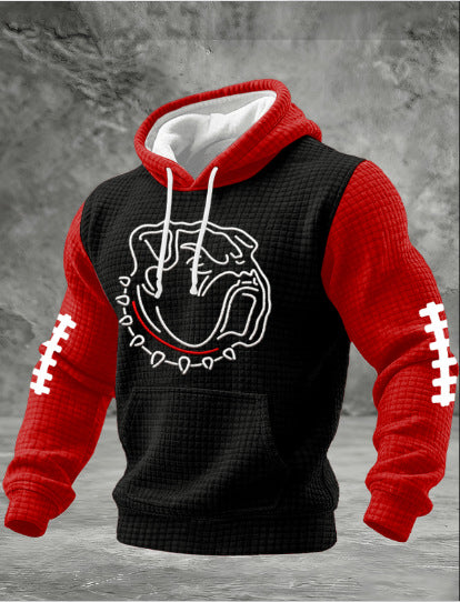 Loose-fitting waffle-knit pullover sweater with animal pattern.